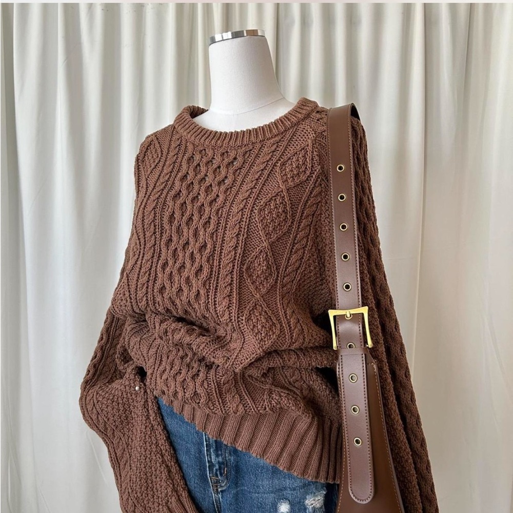 L.L. Bean Brown Cable Knit Fisherman Crewneck Sweater - Picture 6 of 7